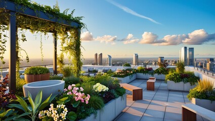 A serene rooftop garden filled with green plants and flowers, overlooking a city skyline in the...