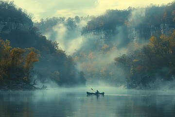 Fototapeta premium A serene autumn morning on a misty lake with a lone canoeist paddling through tranquil waters in the midst of nature's beauty