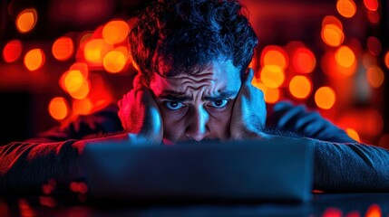 IT specialist feeling stressed while trying to fix a critical network issue, high-pressure environment of tech support