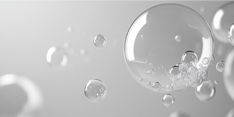 Shiny, clear bubbles, like water droplets, are floating and bumping into each other against a plain grey background.