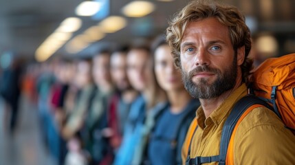 Fototapeta premium Man waiting in line at a crowded coffee shop during rush hour, highlighting the small delays and frustrations in daily routines