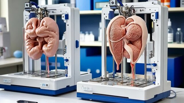 Two 3D printers are printing human organs in a lab setting