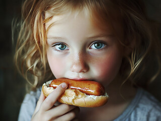 close up portrait of a young girl eating hot dog
