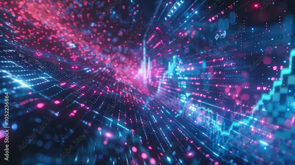 Aufkleber complex data streams, visualized as vibrant neon lines and grids, flow through cyberspace, represent