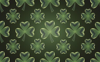 Fototapeta premium Patrick, Green shamrock pattern on dark green background.