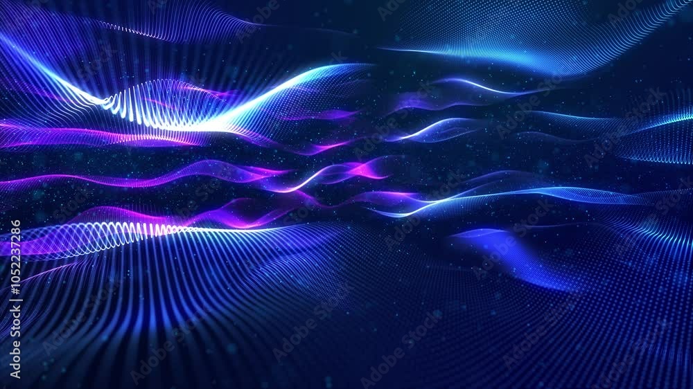 Poster glowing blue particles form surface with waves. trendy background. motion graphics, motion design wi
