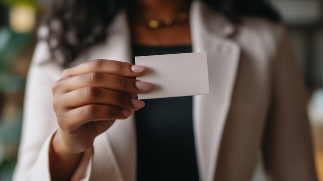 Close up de uma m&atilde;o feminina com unhas bem feitas segurando um cart&atilde;o de visitas branco, mockup
