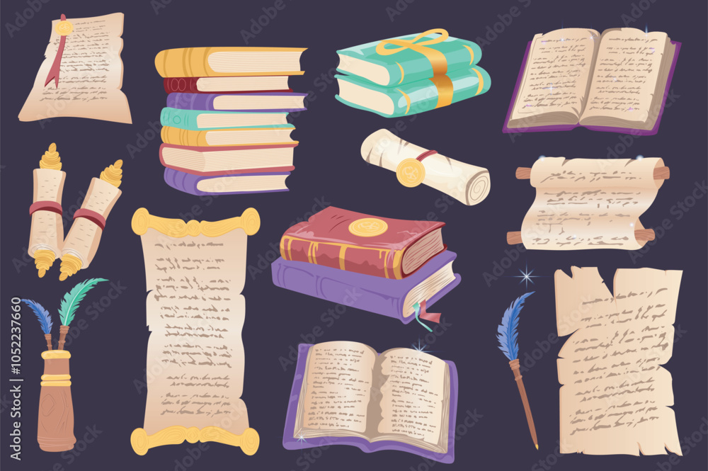 Aufkleber old magic books mega set elements in flat graphic design. collection objects of medieval scrolls, an