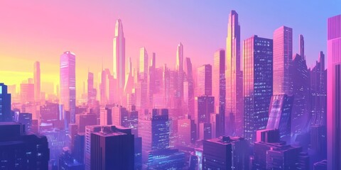 Fototapeta premium This illustration shows a futuristic city with tall, modern buildings. It uses digital art and technology to create a vision of what cities might look like in the future.