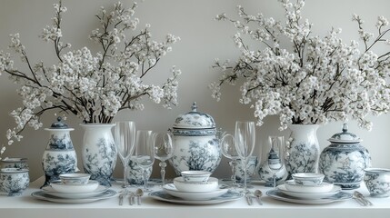 luxurious dining table elegantly set against a white background, featuring fine china, crystal glassware, and artistic floral decor, embodying sophistication and style