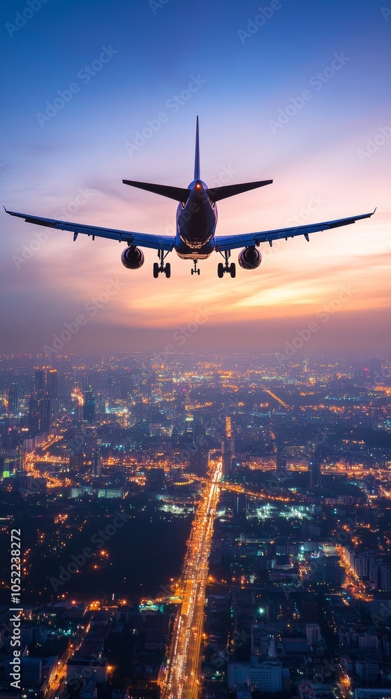 Poster passenger airplane is approaching the runway at night with its landing lights switched on, flying ov