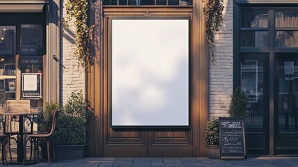 Charming storefront with large blank window display, framed by wooden door and lush greenery, inviting curiosity about the business within.