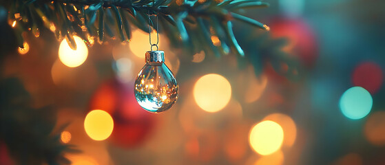 A beautifully decorated Christmas ornament hanging from a tree, with soft, colorful lights in the background.
