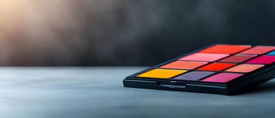 A colorful makeup palette featuring a variety of vibrant shades, set on a smooth surface with a soft focus background.