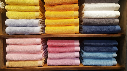 Colorful Towels Stacked on Wooden Shelves   Home Textile  Bath  Spa  Clean  Fresh  Soft  L