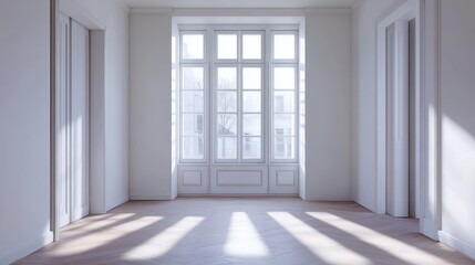 Fototapeta premium This image depicts a minimalist empty room with floor-to-ceiling windows flooding the space with white light.