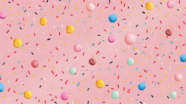 colorful sprinkles over pink background, decoration for cake and bakery, sweet dessert pattern