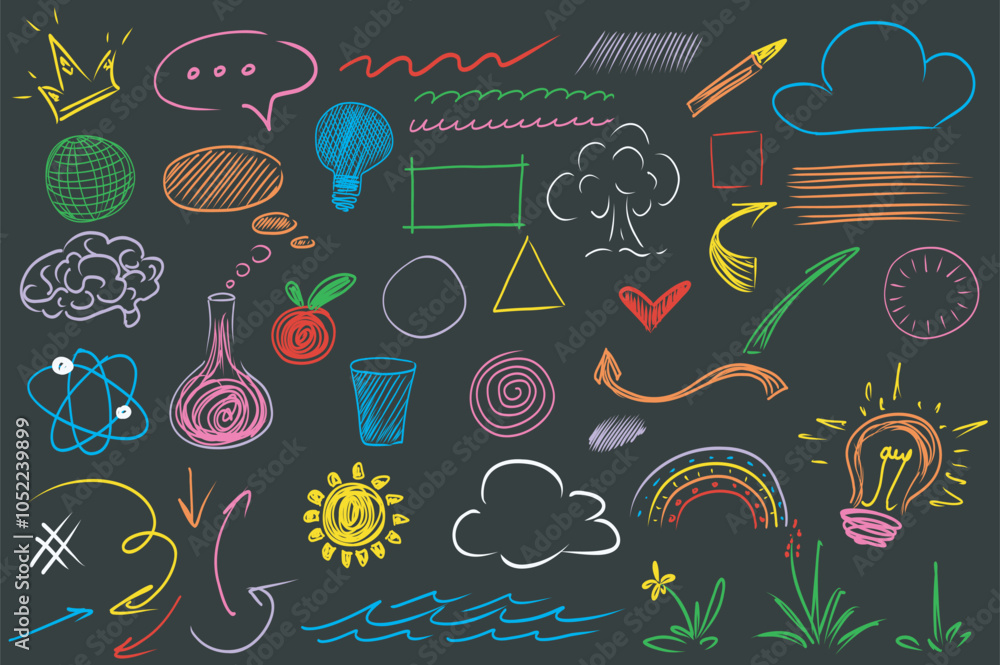 Poster scribble hand drawn mega set elements in flat graphic design. collection objects of doodle speech bu