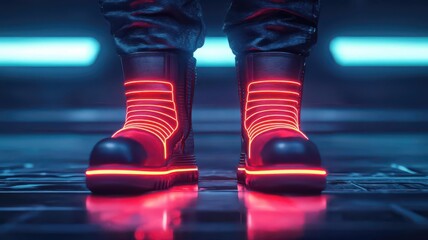 3D rendering of futuristic boots with glowing neon lines and metallic textures, set against a sci-fi backdrop, Futuristic boots, Cyberpunk fashion