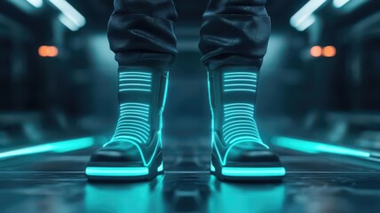 3D rendering of futuristic boots with glowing neon lines and metallic textures, set against a sci-fi backdrop, Futuristic boots, Cyberpunk fashion