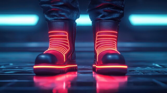 3D rendering of futuristic boots with glowing neon lines and metallic textures, set against a sci-fi backdrop, Futuristic boots, Cyberpunk fashion