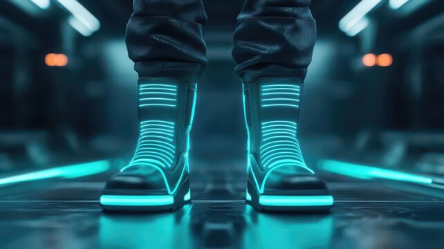 3D rendering of futuristic boots with glowing neon lines and metallic textures, set against a sci-fi backdrop, Futuristic boots, Cyberpunk fashion
