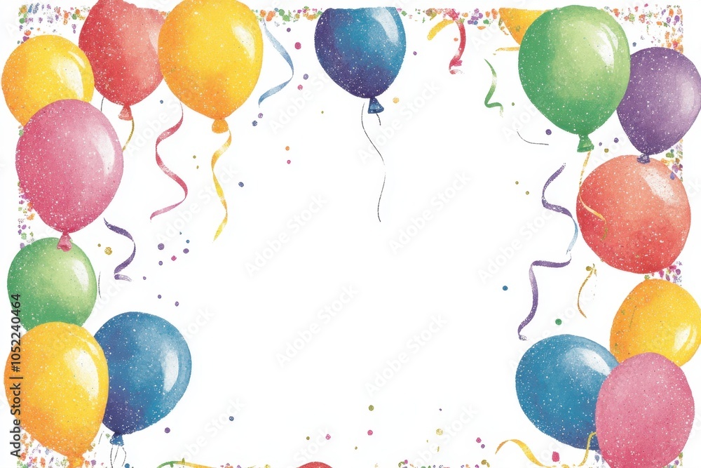 Poster an illustration of colorful balloons with streamers on the edges, centered in the frame against a wh