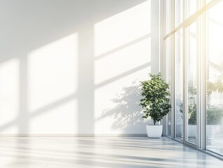Fototapeta premium Minimalist room with large windows and natural light.