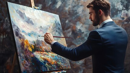 Businessman Painting a Peaceful Outdoor Landscape after Work Pursuing Creative Hobby