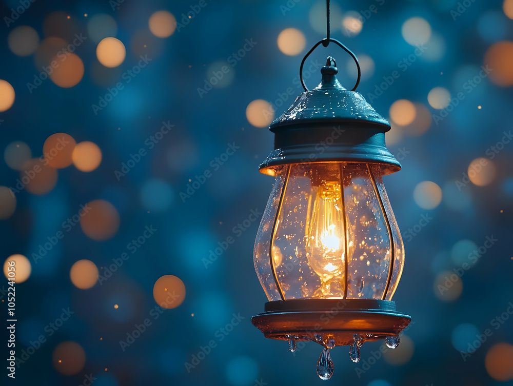 Poster a vintage lantern illuminating a dreamy background with bokeh lights, creating a cozy and enchanting