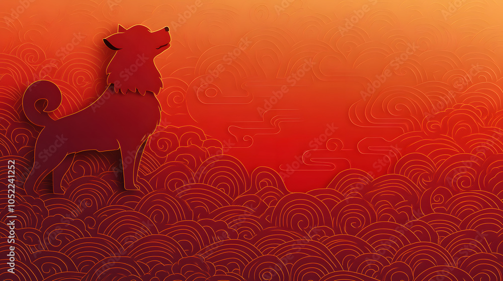 Poster a dog is standing in front of a red background with waves