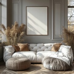 A luxurious living area presents a tufted white sofa, pampas grass, and chic wall paneling, offering classic elegance.