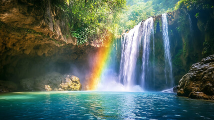 A dramatic waterfall plunging into a crystal-clear pool, with vibrant rainbow hues forming in the mist created by the falling water 