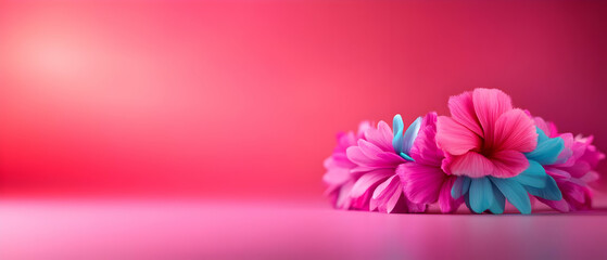 Fototapeta premium Colorful hibiscus flowers on a vibrant pink background create a cheerful and lively atmosphere.