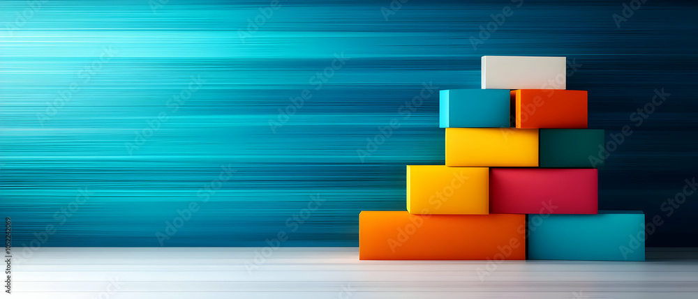 Poster colorful stacked blocks on a blurred blue background, creating a vibrant and dynamic visual effect.