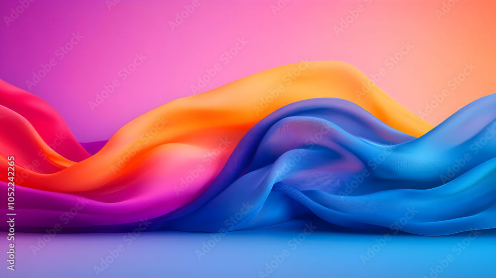 Poster dynamic waves of colorful fabric create a vibrant, flowing design on a smooth surface.