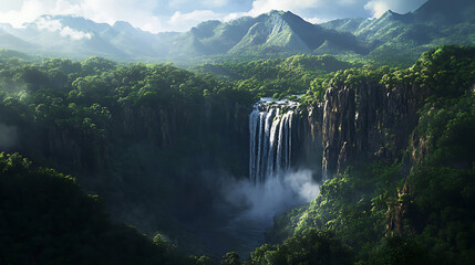 Fototapeta premium An expansive waterfall set against a backdrop of rugged cliffs and dense rainforest, showcasing the raw beauty of nature 