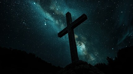 Naklejka premium A cross-shaped constellation in a starry night sky, symbolizing the presence of spirituality in the universe.