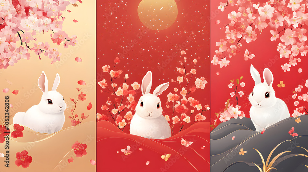 Poster three different images of a white rabbit in a red and black background
