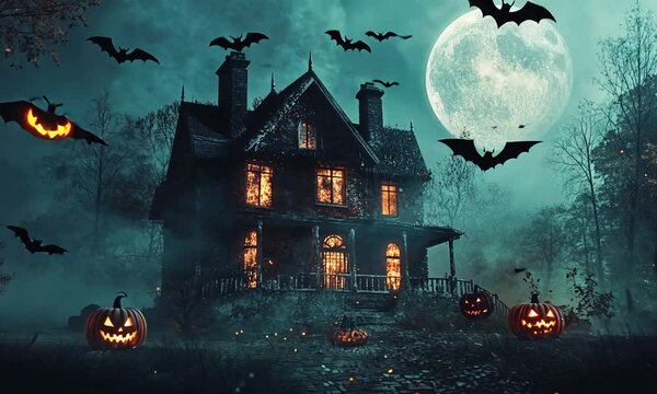 A spooky Halloween scene featuring a haunted house, bats, and glowing jack-o'-lanterns.