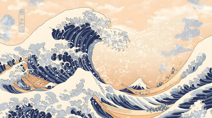 A painting of a wave with mountains in the background