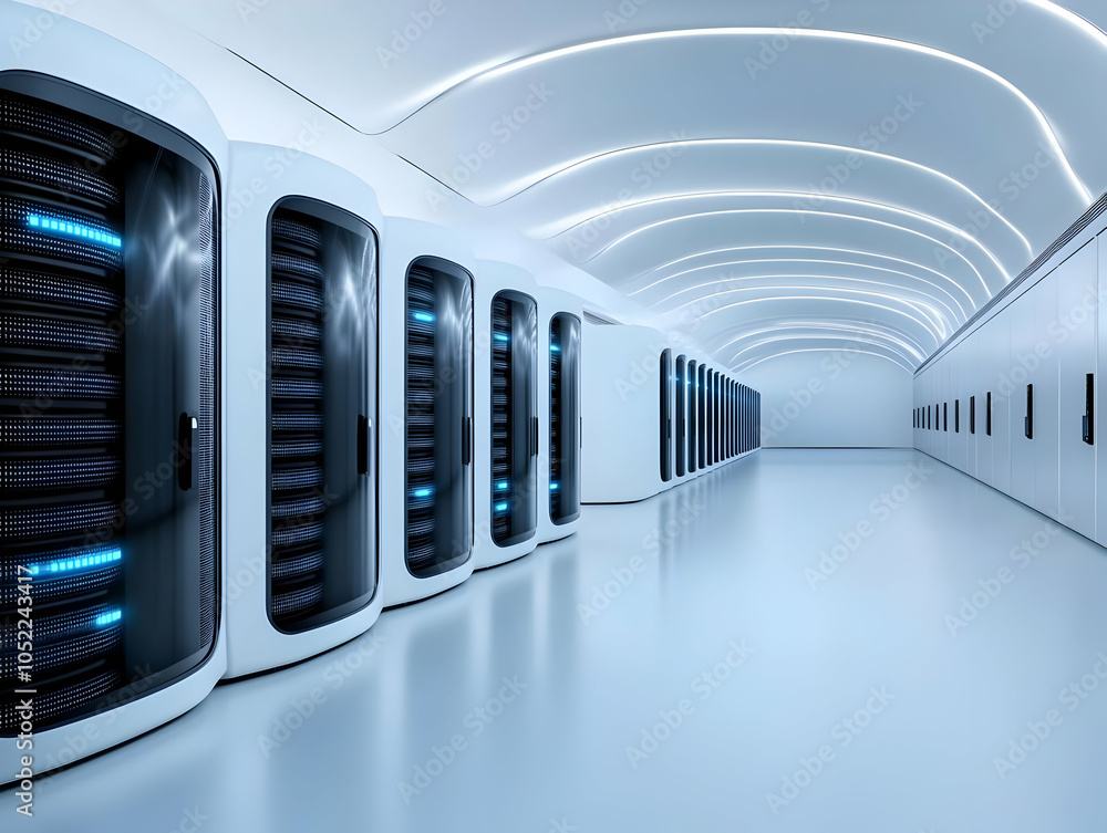 Poster futuristic data center with sleek design and illuminated server racks in a spacious environment.