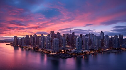 Naklejka premium Twilight city skyline blending light and shadows