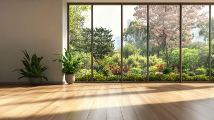 Fototapeta premium Healthy lifestyle routine, close-up on yoga mat with peaceful home environment, Spacious sunlit room with large floor-to-ceiling windows overlooking lush green forest,