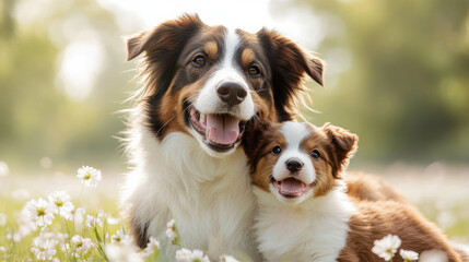 Playful Border Collie with her adorable puppy in flower field, radiating joy