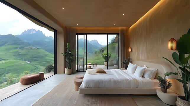 A modern bedroom with large windows overlooking a lush green mountain valley.