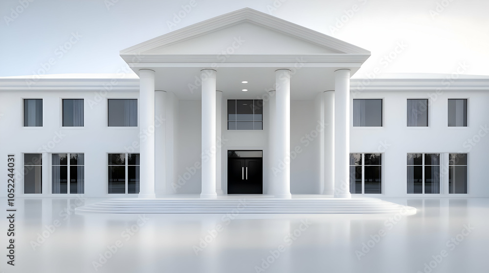 Poster Modern architectural building with elegant columns and large windows, isolated on a clean background.