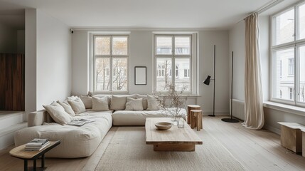 Fototapeta premium A cozy Scandinavian-style living room featuring a beige sectional sofa, minimalist wooden decor, and ample natural light from large windows.