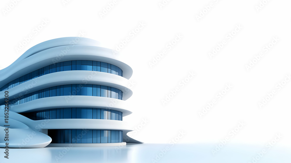 Poster modern building with curved architecture and reflective glass windows on a white isolated background