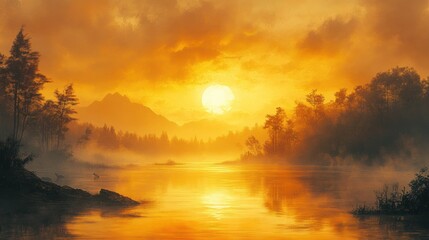 Fototapeta premium Serene sunset over a misty river with mountains in the background.